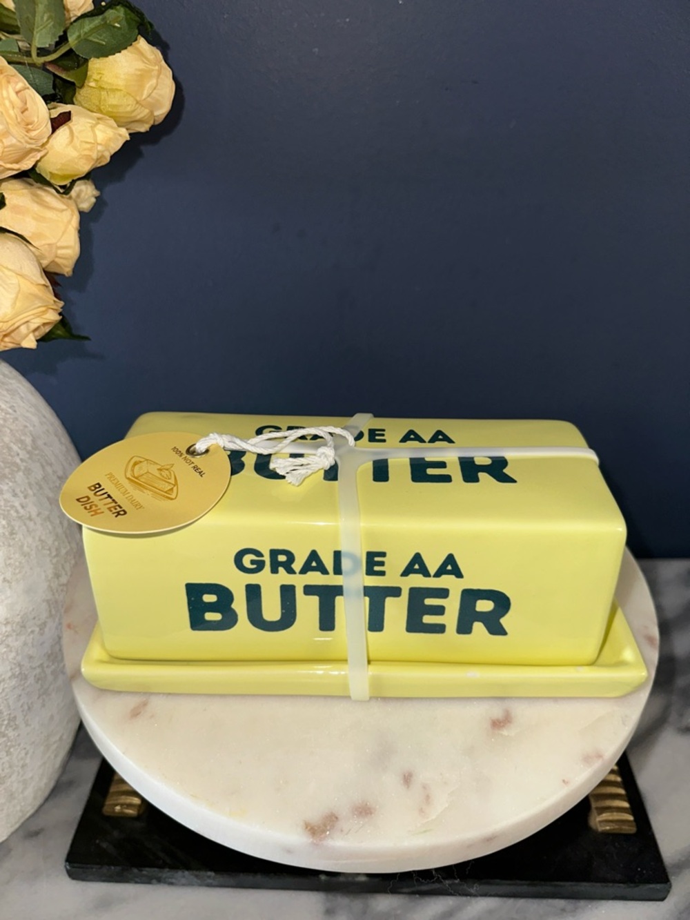 Grade AA Butter Ceramic Butter Dish - Yellow with Teal Lettering